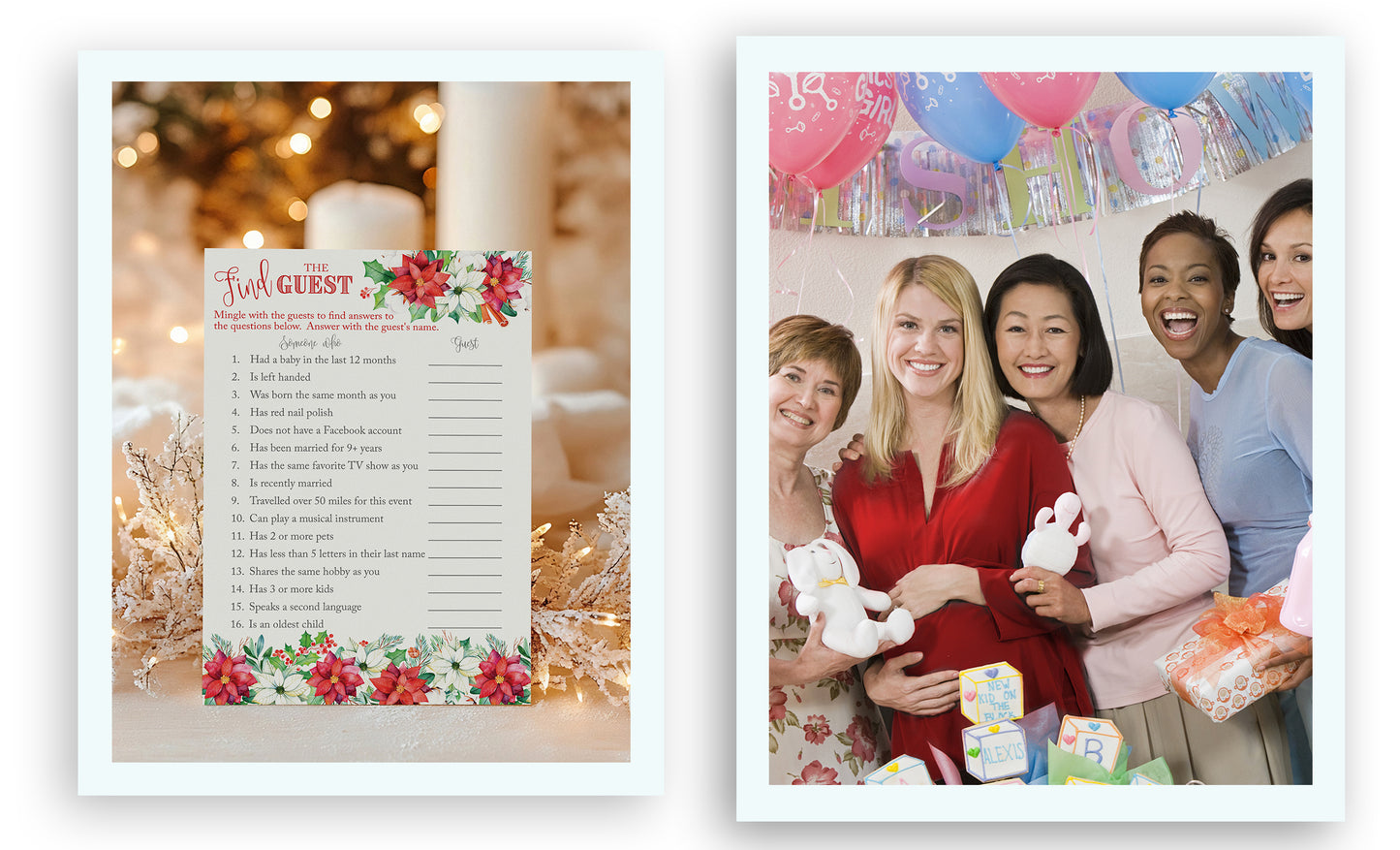 Christmas Baby Shower Game – “Find the Guest” – Pack of 25 Cards – Fun Holiday Icebreaker & Quiz Game for Xmas Baby Showers