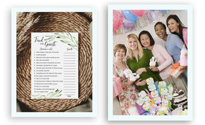 Greenery Theme FIND THE GUEST Baby Shower Game — Pack of 25 — Printed