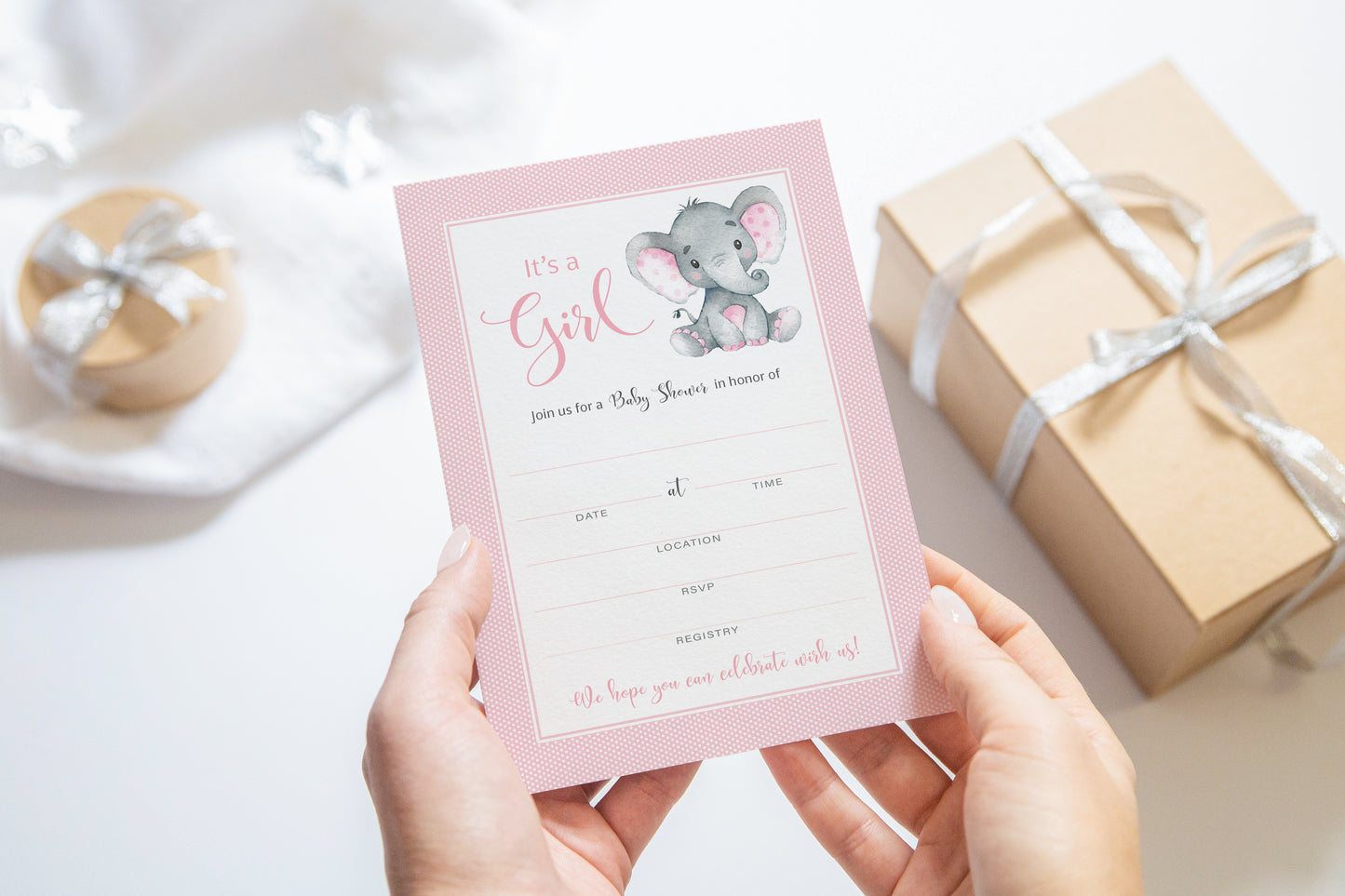 It's a Girl! • Pink Elephant Baby Shower Invitations • SET of 25