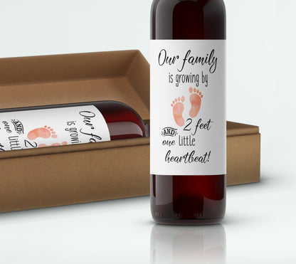Pregnancy Announcement Wine Labels - 2 Feet & 1 Little Heartbeat • GENDER NEUTRAL • SET of 6