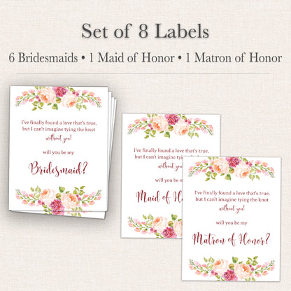 Bridesmaid Proposal Wine Labels • Set of 8 • Bridal Party Ask Maid of Honor (Final Sale)
