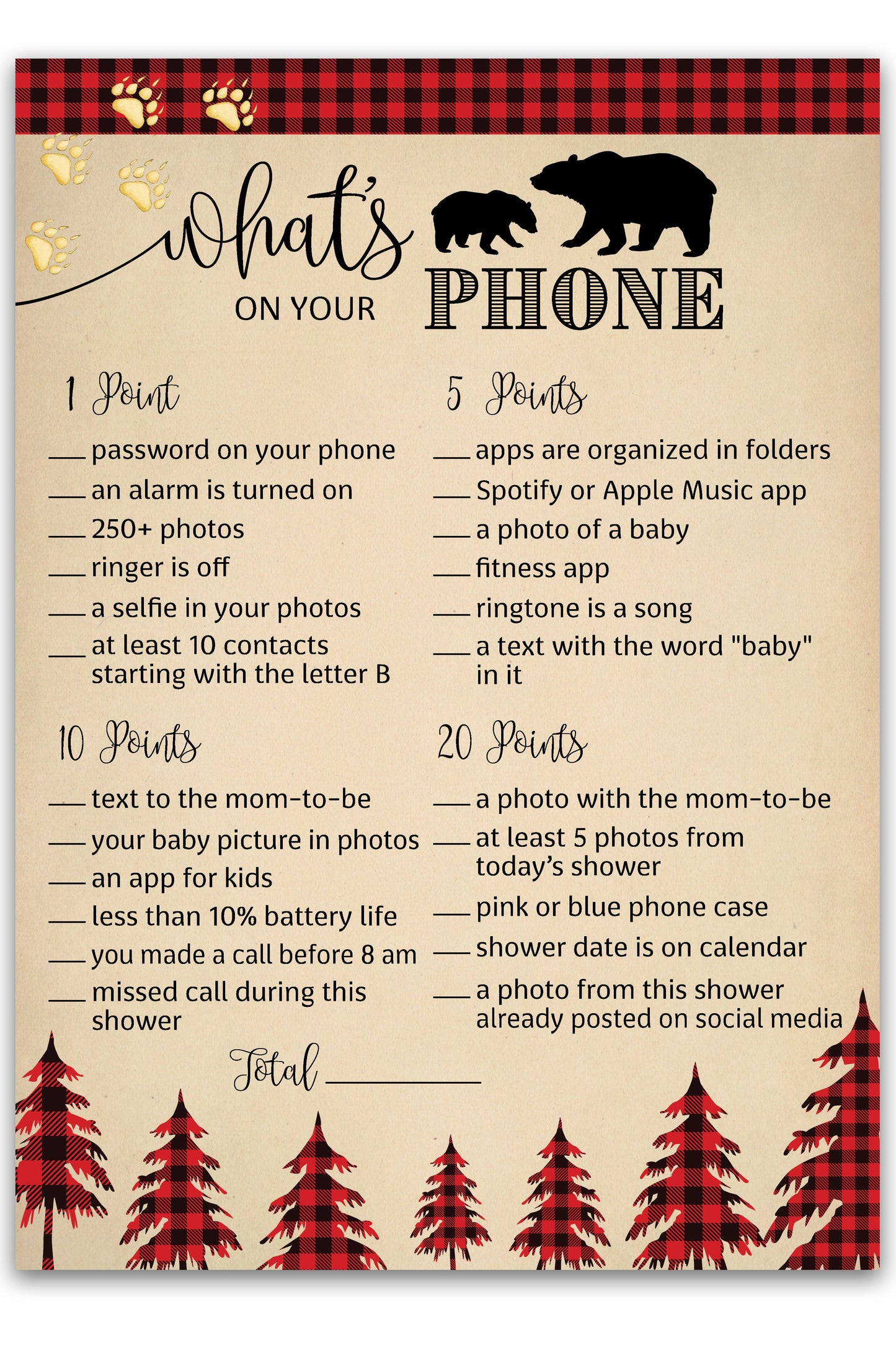 Game sheet for a baby shower with text and illustrations on a checkered border