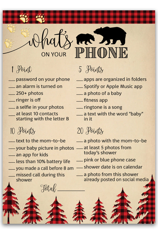 Game sheet for a baby shower with text and illustrations on a checkered border