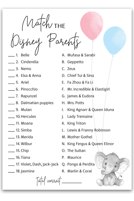 Girl or Boy Elephant Gender Reveal Game • Disney Parent Match • SET of 25 • Baby Shower