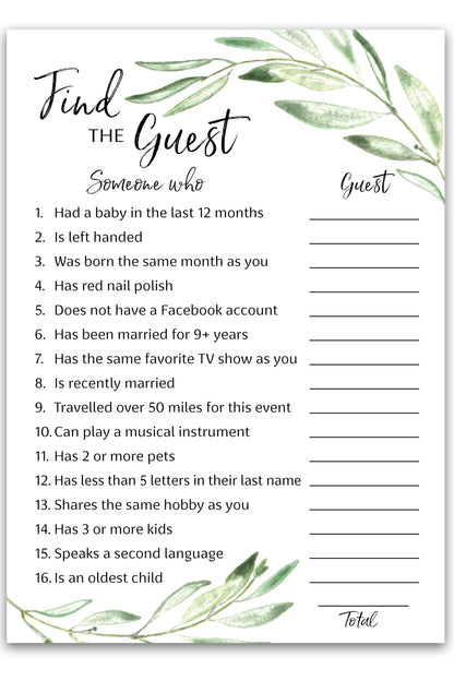 Greenery Theme FIND THE GUEST Baby Shower Game — Pack of 25 — Printed