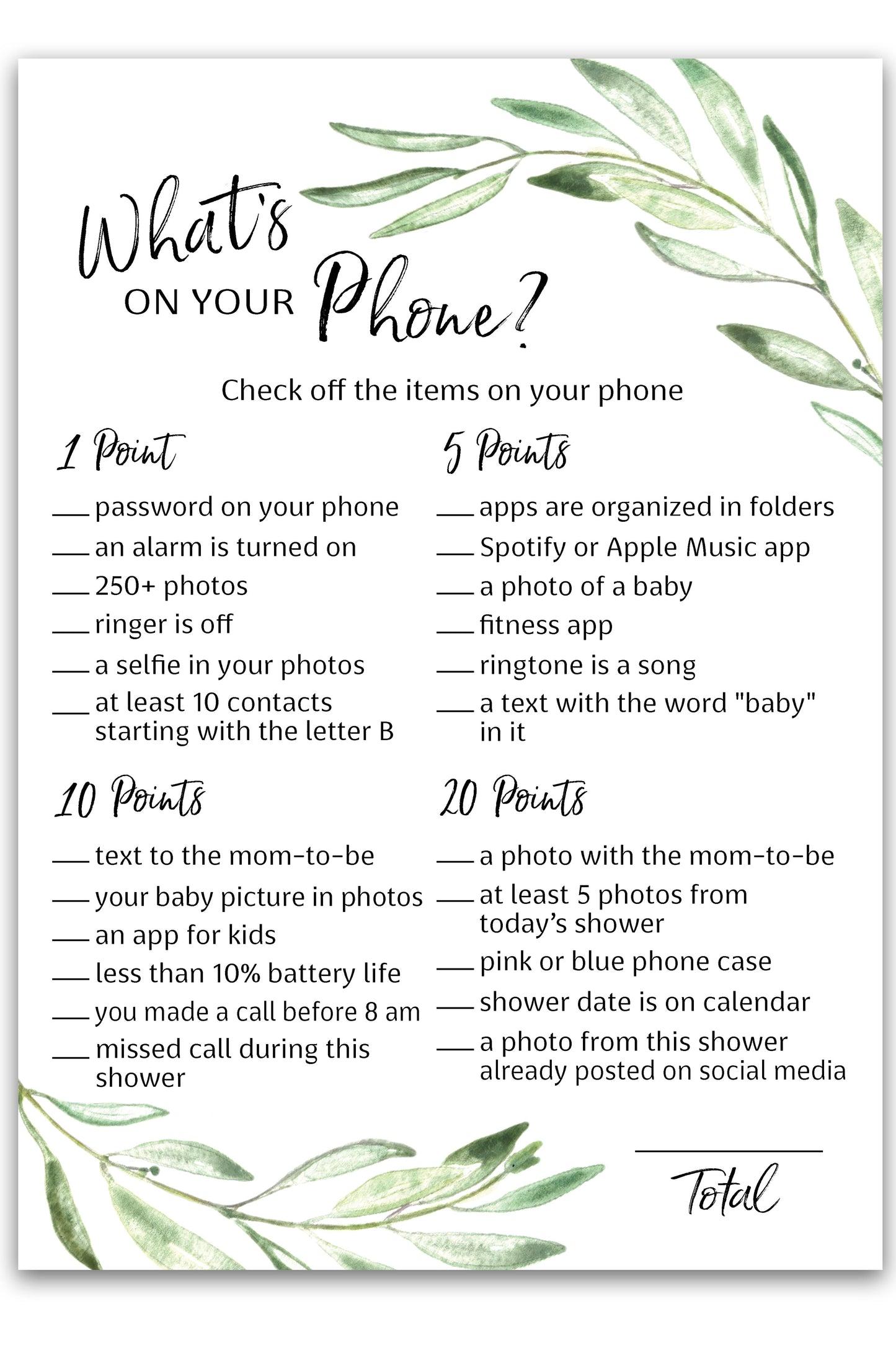 Greenery Theme WHAT'S ON YOUR PHONE Baby Shower Game • Pack of 25 • Printed