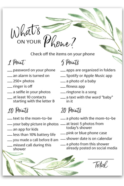Greenery Theme WHAT'S ON YOUR PHONE Baby Shower Game • Pack of 25 • Printed