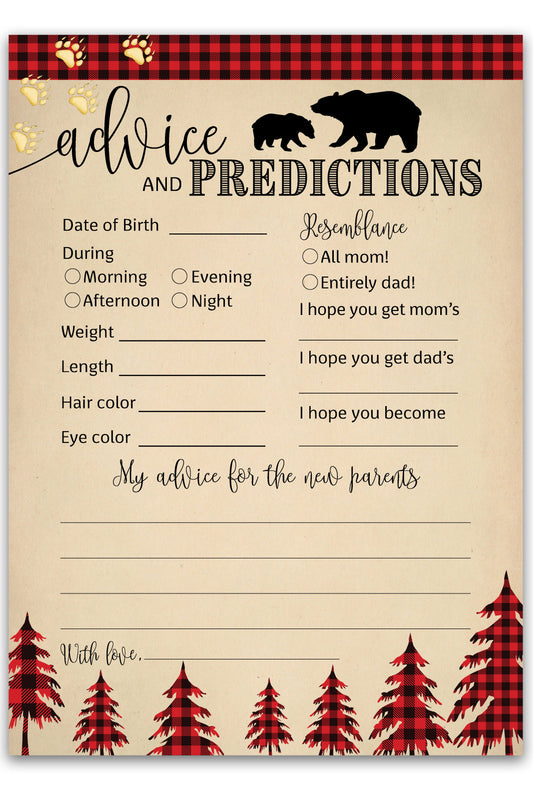 Baby shower game sheet titled 'Advice and Predictions' with bear and plaid design.