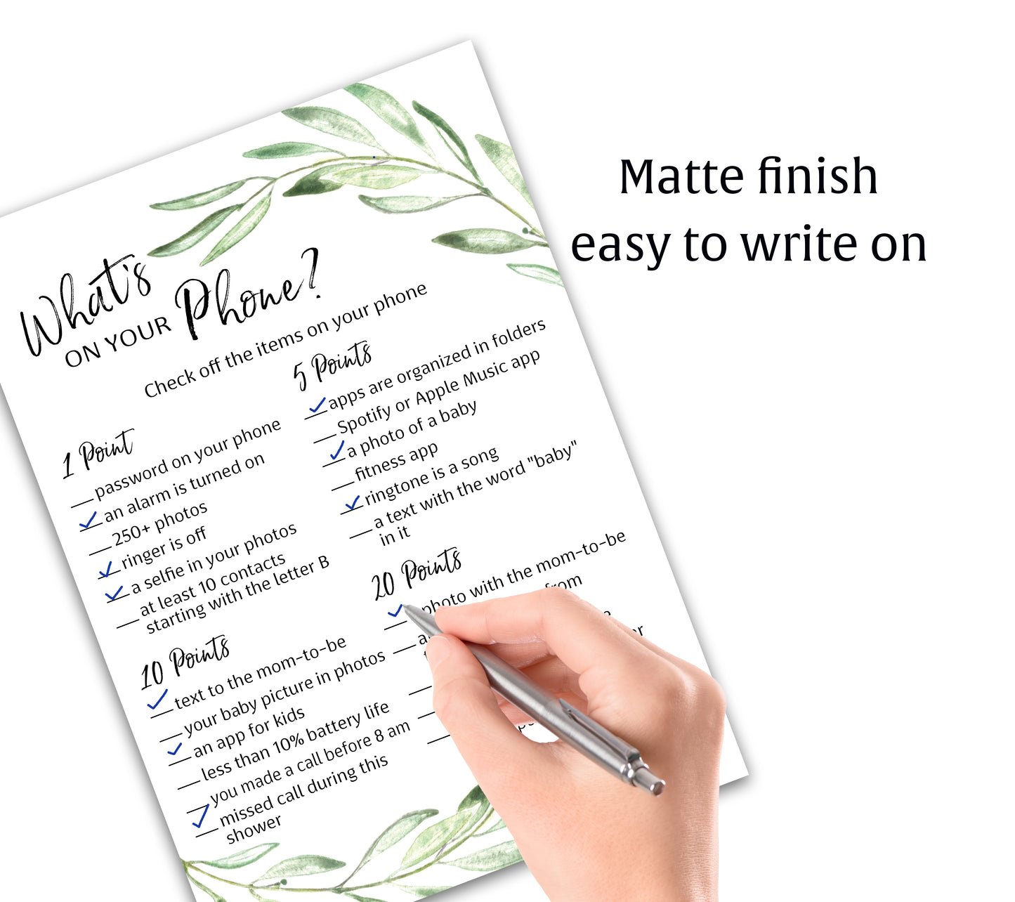 Greenery Theme WHAT'S ON YOUR PHONE Baby Shower Game • Pack of 25 • Printed