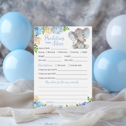 Blue Elephant Floral Boy Baby Shower Game - Predictions & Advice Cards • SET of 25