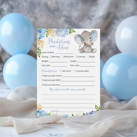 Blue Elephant Floral Boy Baby Shower Game - Predictions & Advice Cards • SET of 25