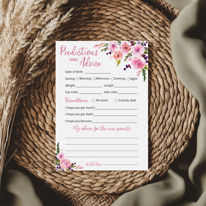 Floral Girl Baby Shower Game - Predictions & Advice Cards • SET of 25