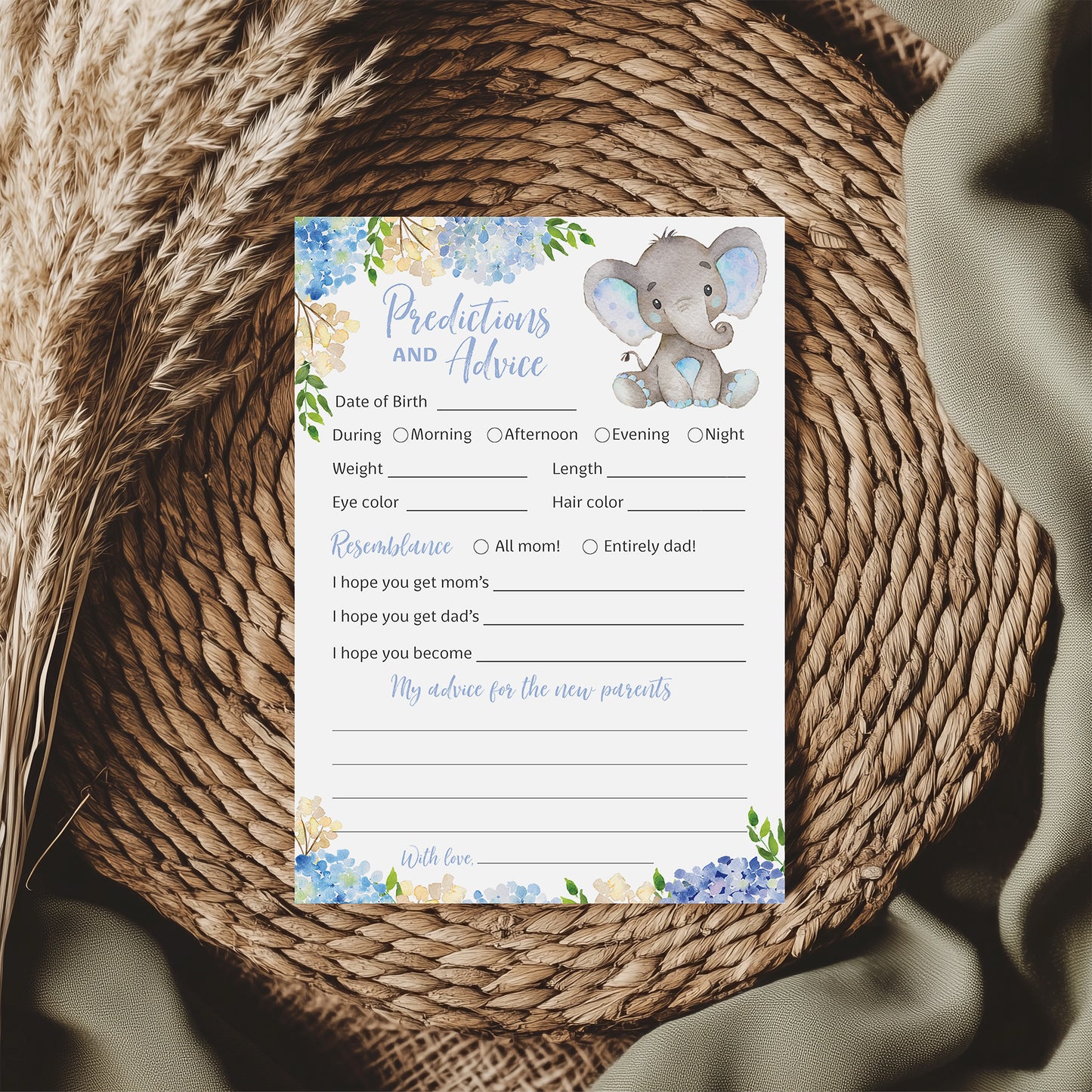 Blue Elephant Floral Boy Baby Shower Game - Predictions & Advice Cards • SET of 25