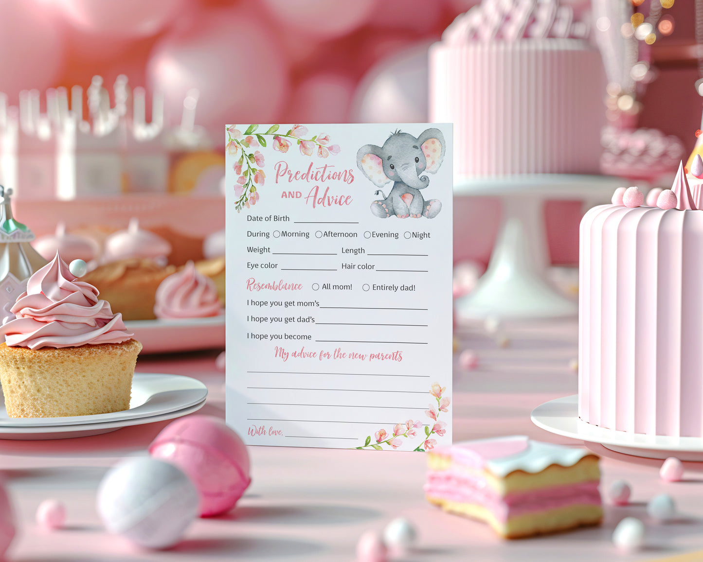 Pink Elephant Floral Girl Baby Shower Game - Predictions & Advice Cards • SET of 25