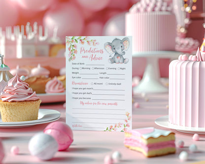 Pink Elephant Floral Girl Baby Shower Game - Predictions & Advice Cards • SET of 25
