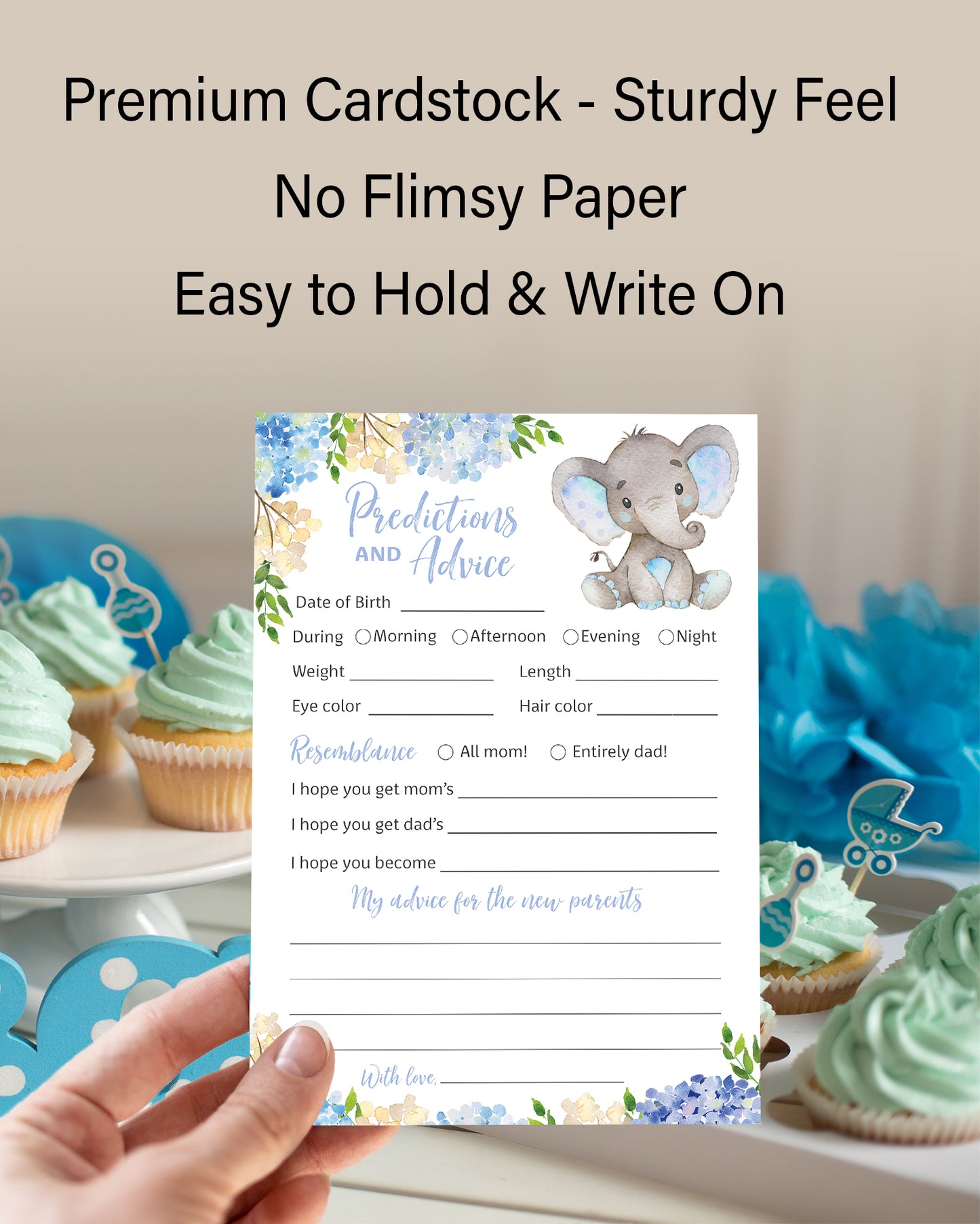 Blue Elephant Floral Boy Baby Shower Game - Predictions & Advice Cards • SET of 25