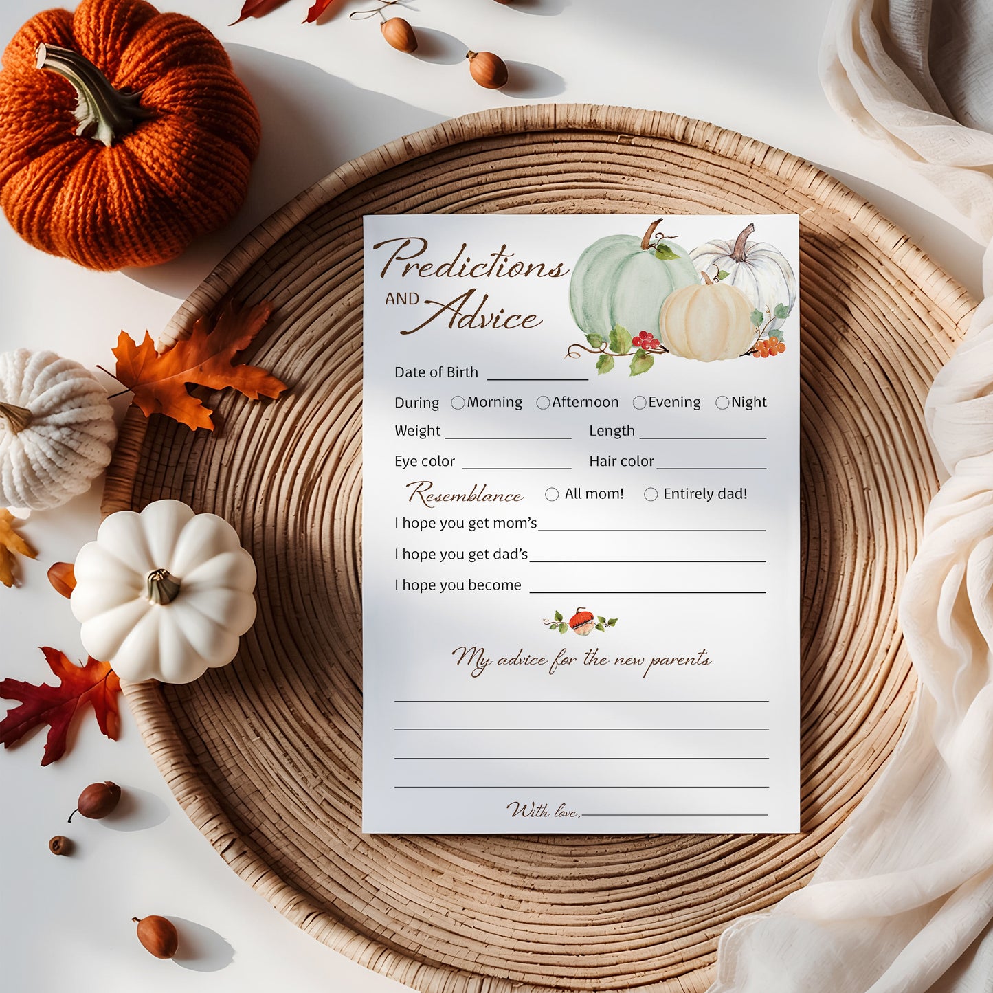 Little Pumpkin Baby Shower Prediction & Advice Cards — Pack of 25 — White Pumpkins Keepsake for New Parents