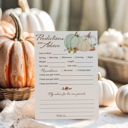 Little Pumpkin Baby Shower Prediction & Advice Cards — Pack of 25 — White Pumpkins Keepsake for New Parents