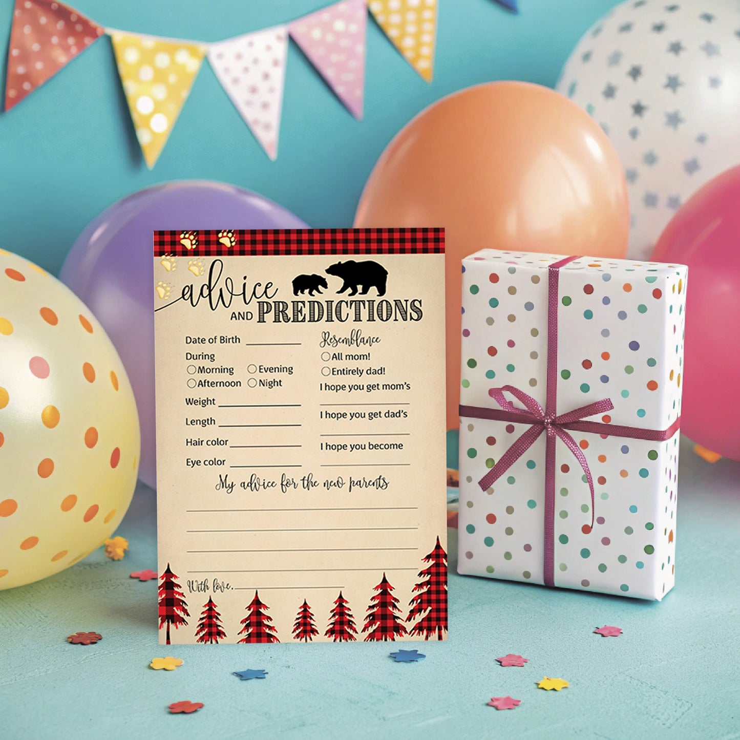 Lumberjack Baby Prediction & Advice Cards • Pack of 25 • Buffalo Plaid
