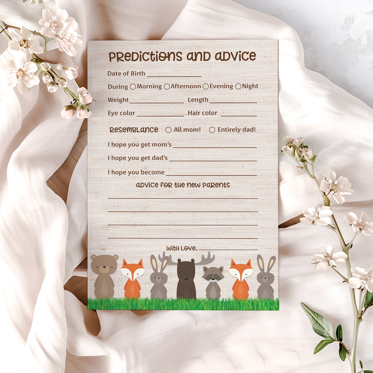 Woodland Animals Baby Shower Game - Predictions & Advice Cards • SET of 25