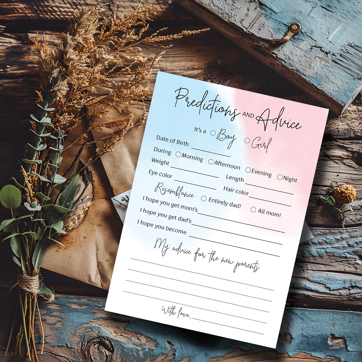 Blue of Pink Theme Baby Shower Game • Predictions & Advice Cards • SET of 25 • Girl or Boy Gender Reveal