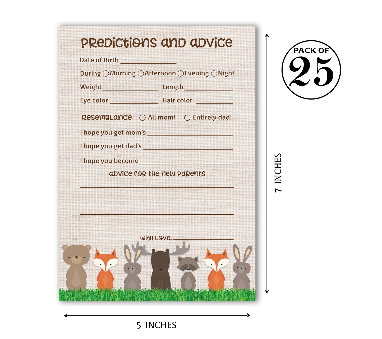 Woodland Animals Baby Shower Game - Predictions & Advice Cards • SET of 25