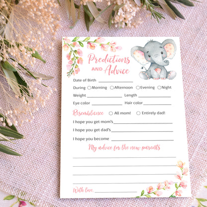 Pink Elephant Floral Girl Baby Shower Game - Predictions & Advice Cards • SET of 25