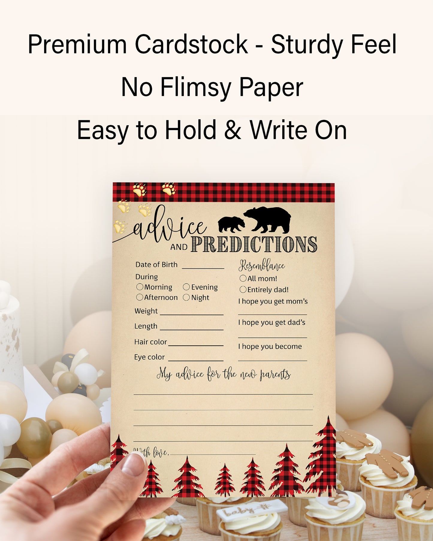 Lumberjack Baby Prediction & Advice Cards • Pack of 25 • Buffalo Plaid