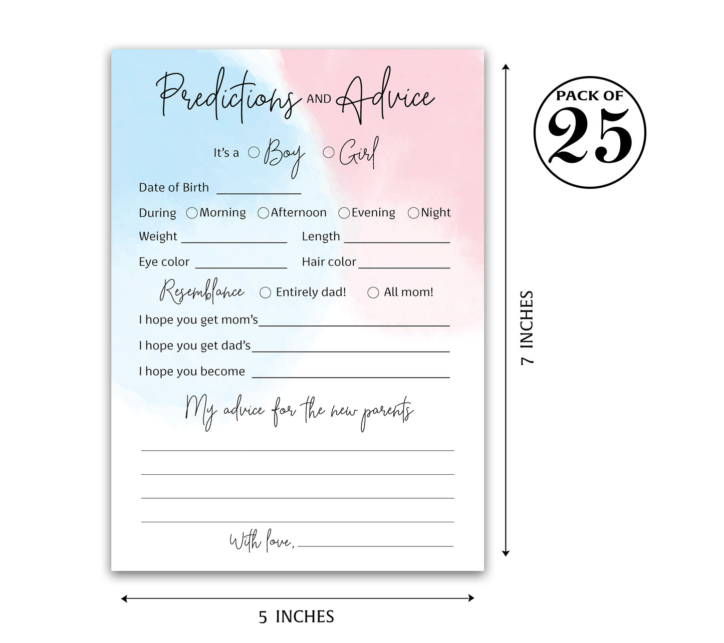 Blue of Pink Theme Baby Shower Game • Predictions & Advice Cards • SET of 25 • Girl or Boy Gender Reveal