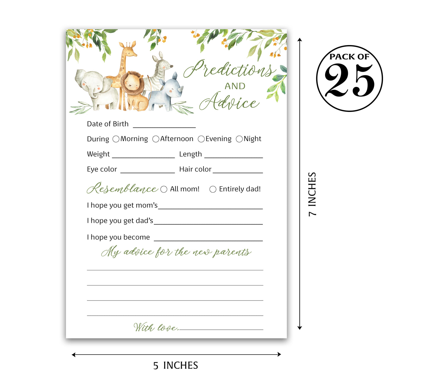 Safari Animals Baby Shower Game - Predictions & Advice Cards • SET of 25