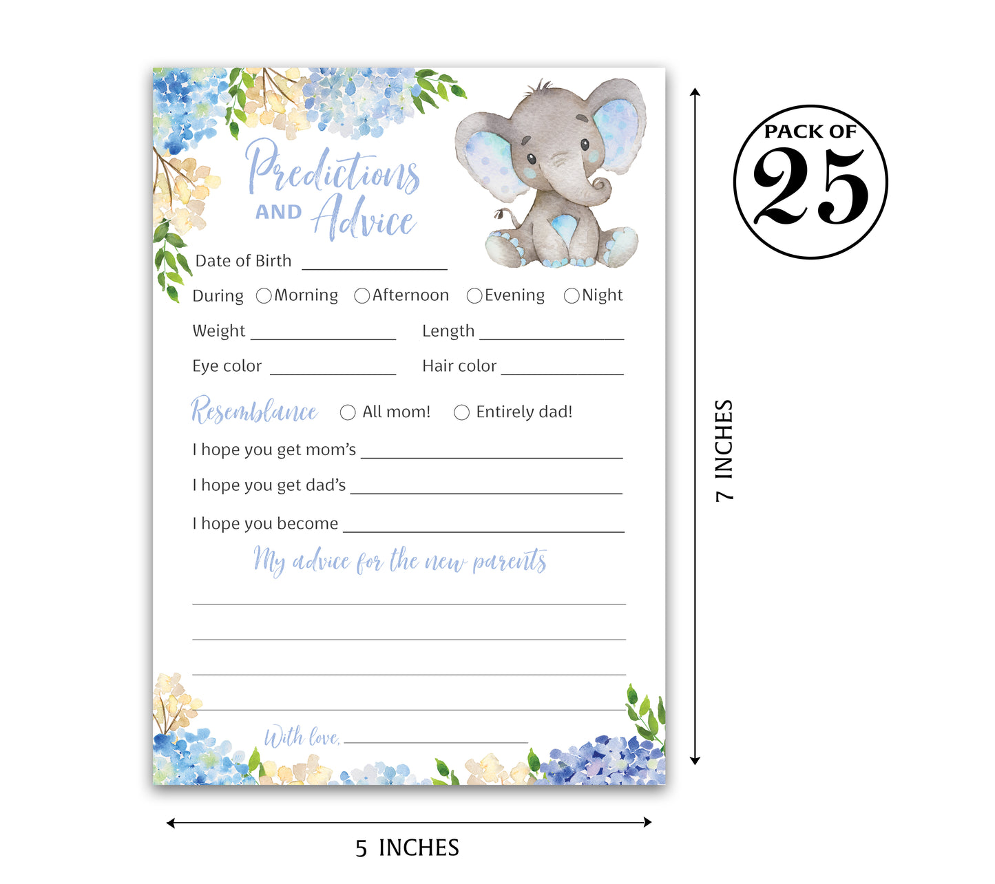 Blue Elephant Floral Boy Baby Shower Game - Predictions & Advice Cards • SET of 25