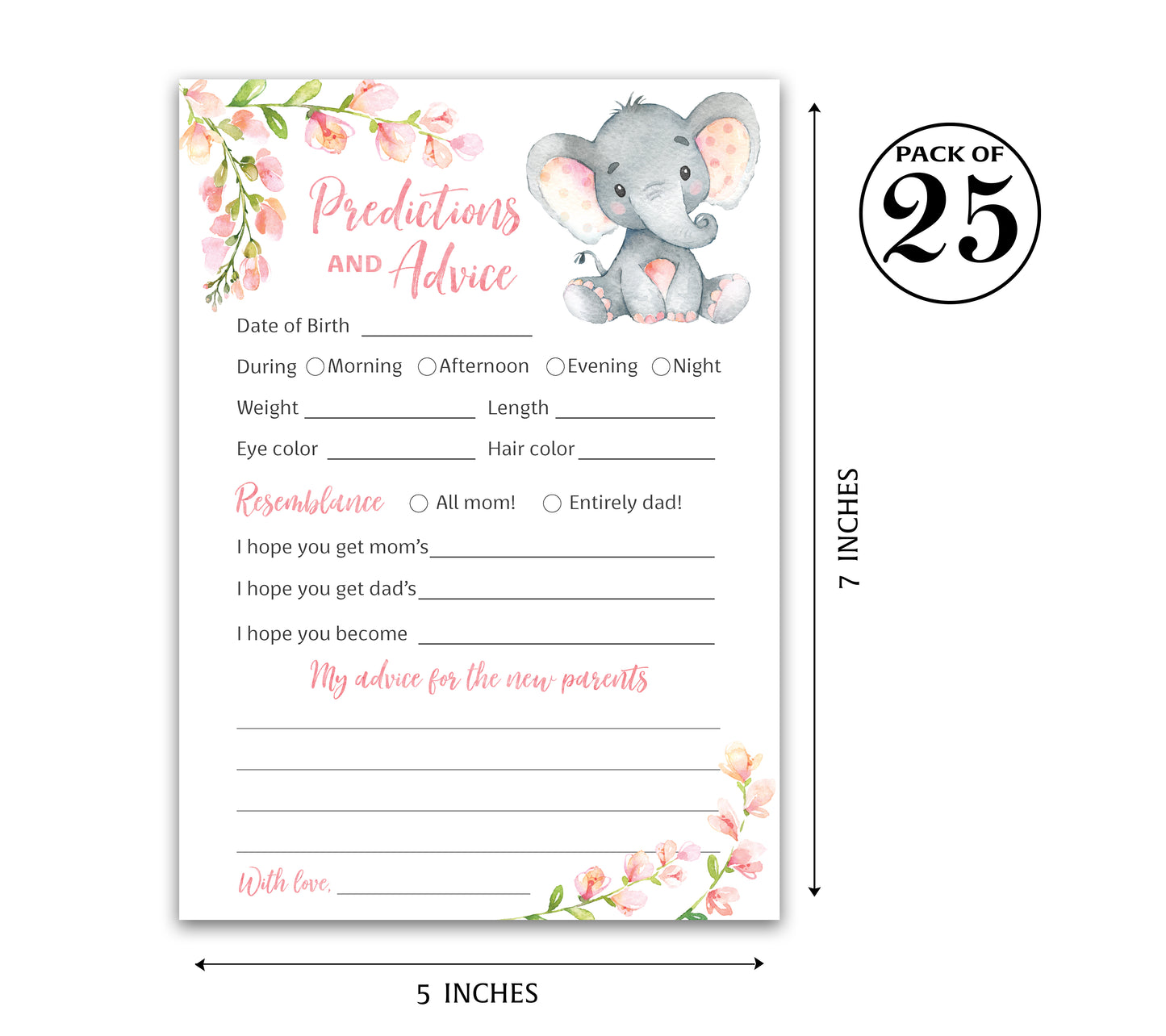 Pink Elephant Floral Girl Baby Shower Game - Predictions & Advice Cards • SET of 25