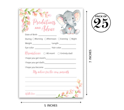 Pink Elephant Floral Girl Baby Shower Game - Predictions & Advice Cards • SET of 25