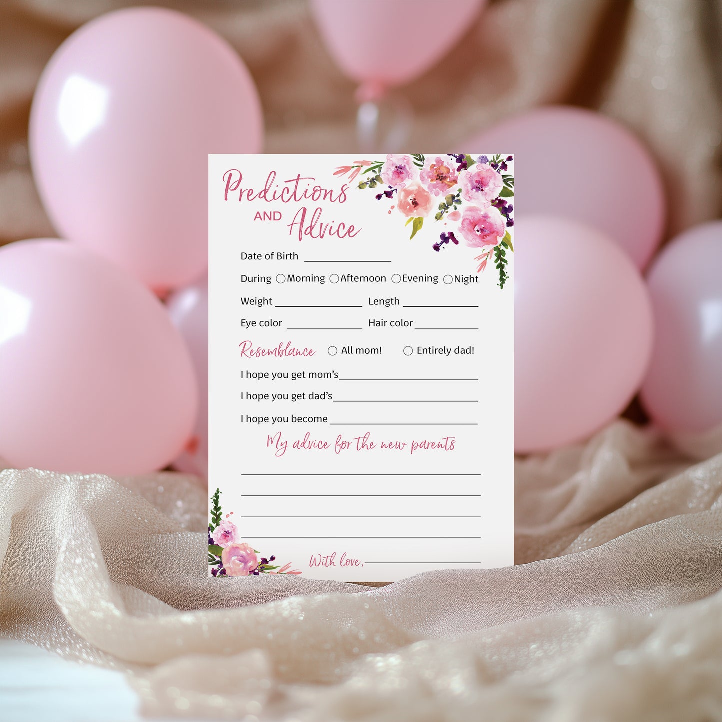 Floral Girl Baby Shower Game - Predictions & Advice Cards • SET of 25