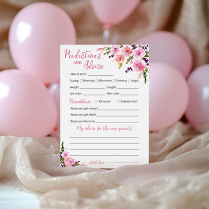 Floral Girl Baby Shower Game - Predictions & Advice Cards • SET of 25