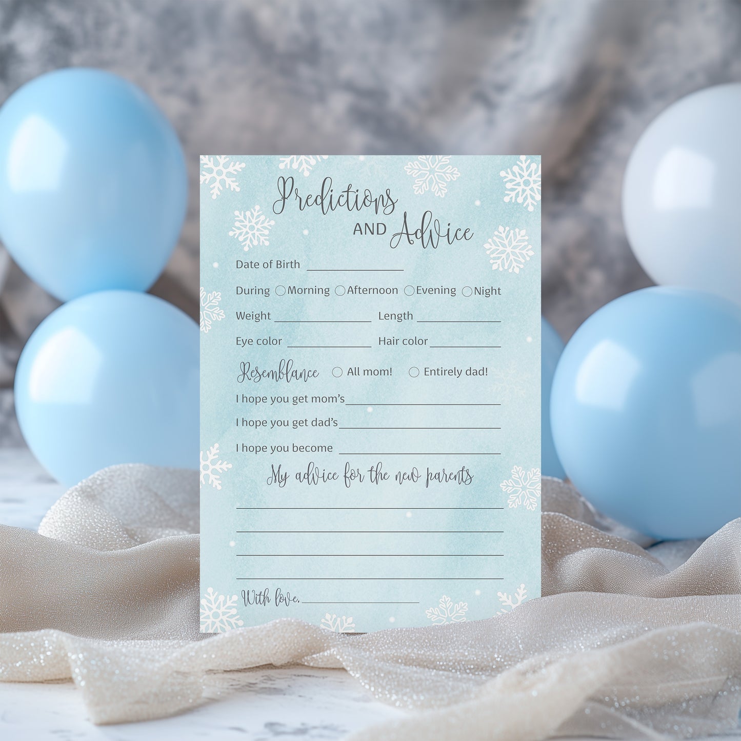 Snowflakes Baby Prediction & Advice Cards • Pack of 25 • Blue Boy Winter Wonderland Baby Shower
