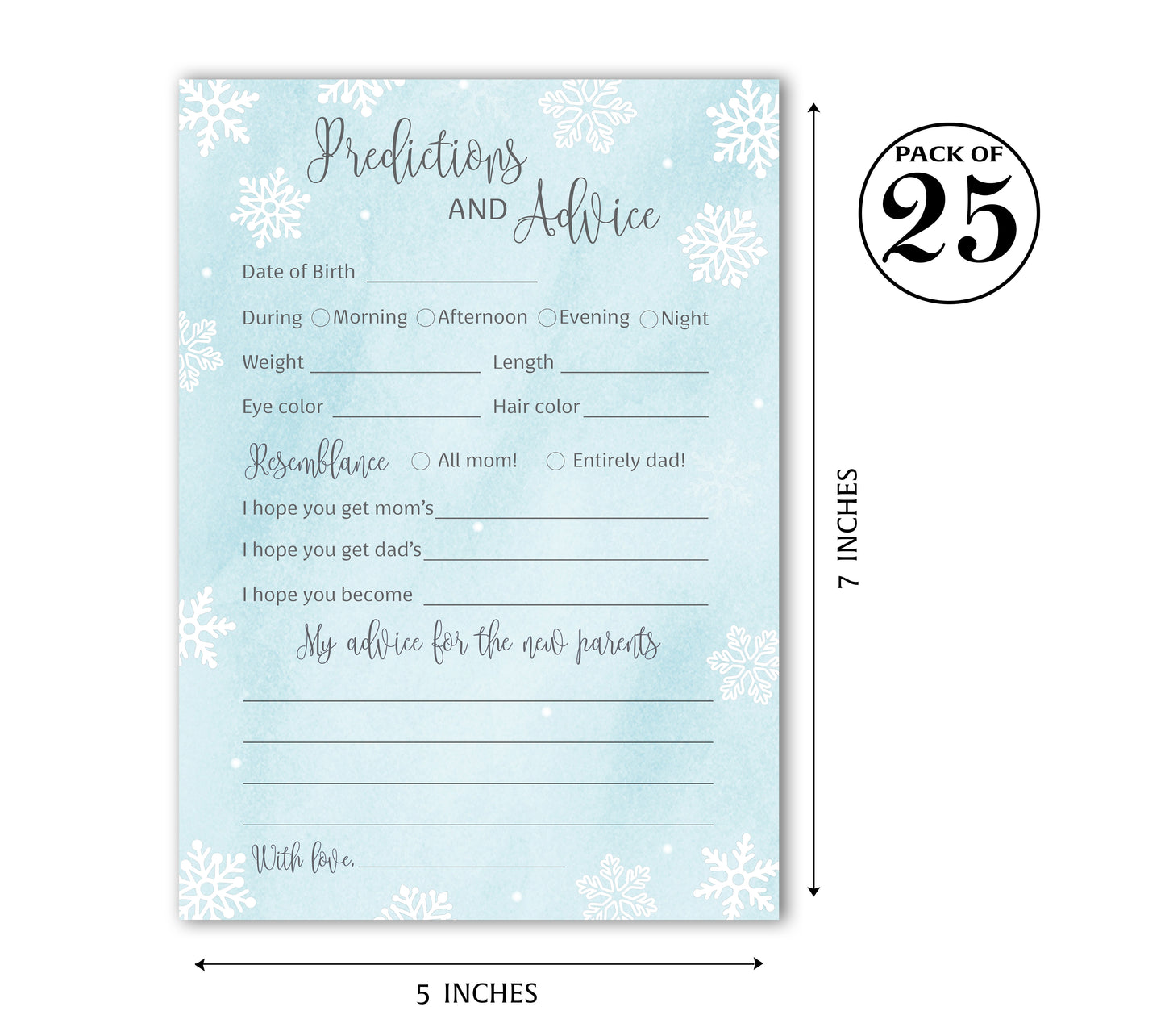 Snowflakes Baby Prediction & Advice Cards • Pack of 25 • Blue Boy Winter Wonderland Baby Shower