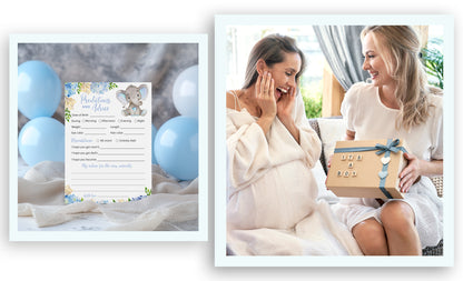 Blue Elephant Floral Boy Baby Shower Game - Predictions & Advice Cards • SET of 25
