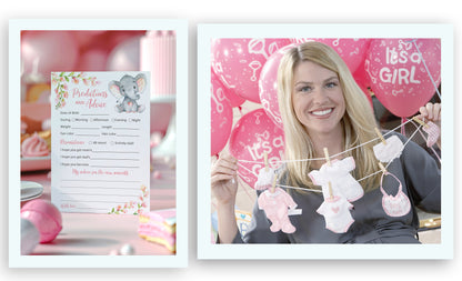 Pink Elephant Floral Girl Baby Shower Game - Predictions & Advice Cards • SET of 25
