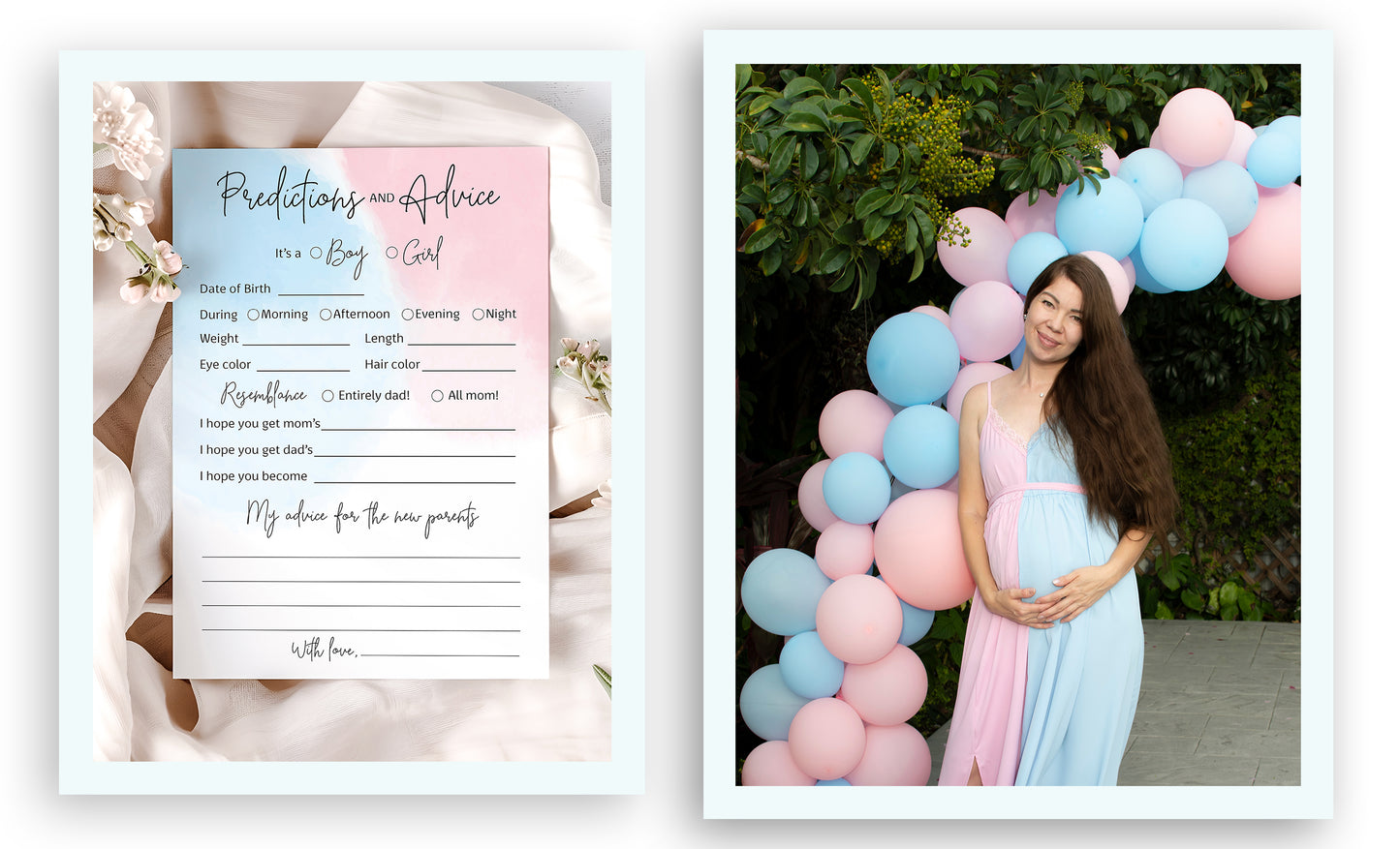 Blue of Pink Theme Baby Shower Game • Predictions & Advice Cards • SET of 25 • Girl or Boy Gender Reveal
