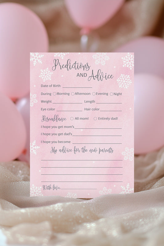 Pink baby shower prediction card with balloons in the background