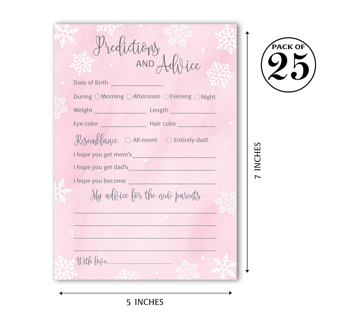 Snowflakes Baby Prediction & Advice Cards • Pack of 25 • Pink Girl Winter Wonderland Baby Shower