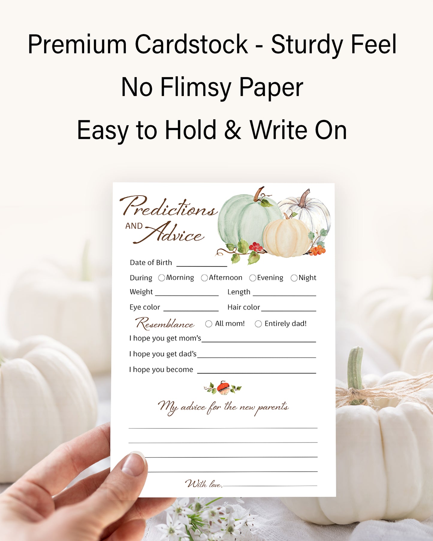 Little Pumpkin Baby Shower Prediction & Advice Cards — Pack of 25 — White Pumpkins Keepsake for New Parents