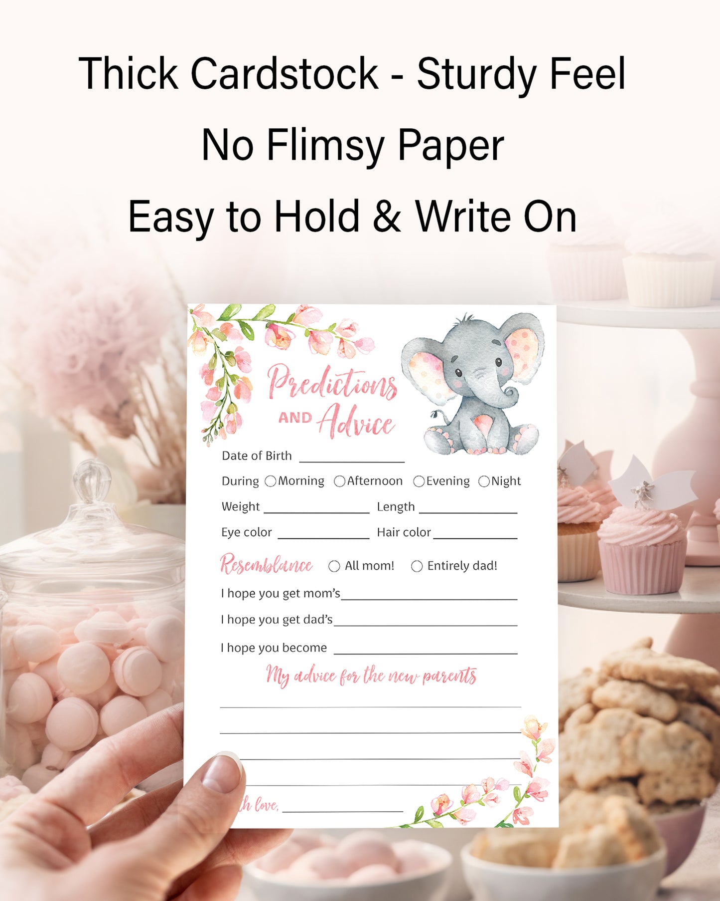 Pink Elephant Floral Girl Baby Shower Game - Predictions & Advice Cards • SET of 25