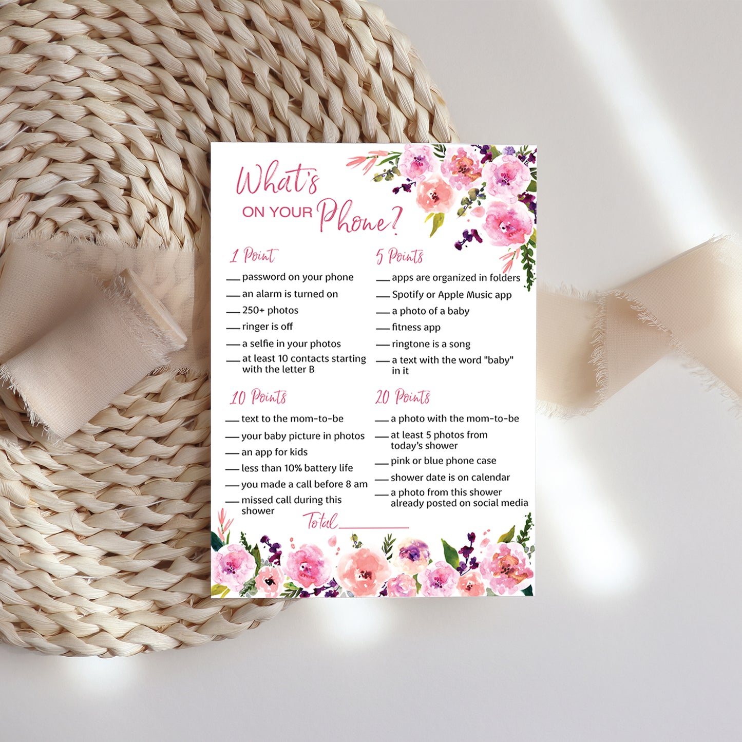 Floral Girl Baby Shower Game - What's On Your Phone • SET of 25