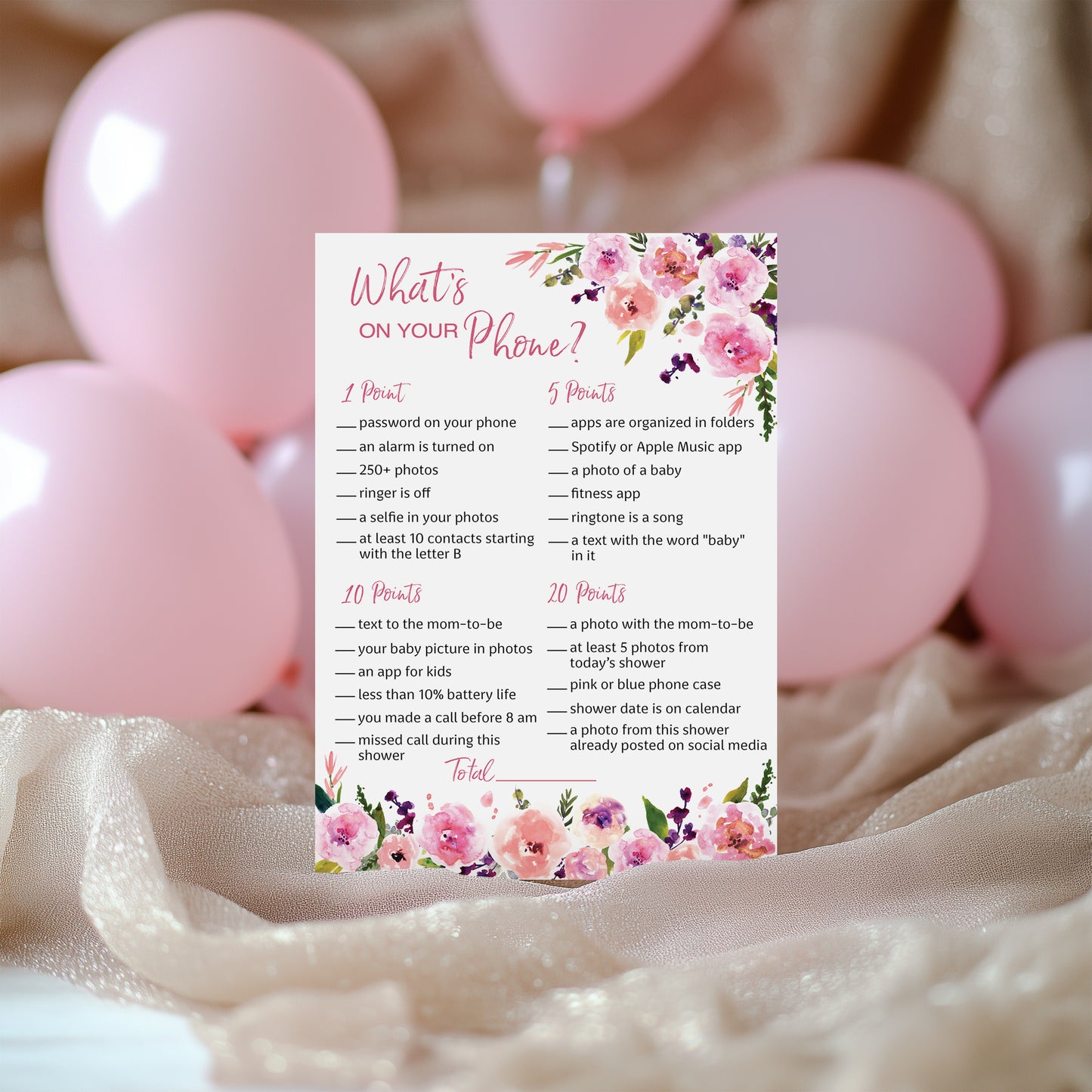 Floral Girl Baby Shower Game - What's On Your Phone • SET of 25