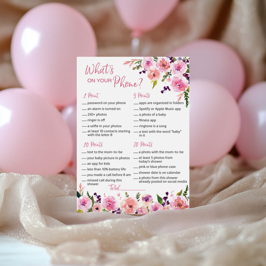 Floral Girl Baby Shower Game - What's On Your Phone • SET of 25