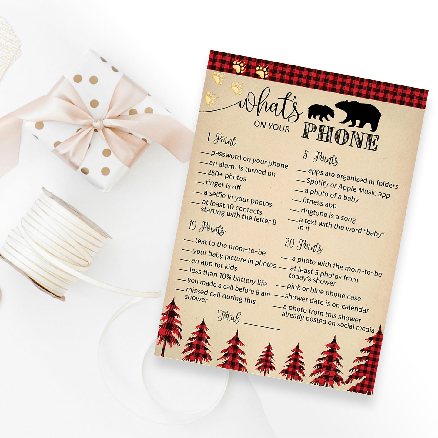 Lumberjack What’s On Your Phone • 25 Cards • Buffalo Plaid Baby Shower