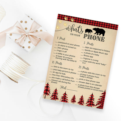 Lumberjack What’s On Your Phone • 25 Cards • Buffalo Plaid Baby Shower