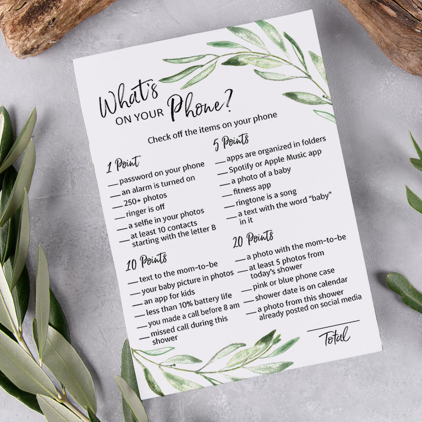 Greenery Theme WHAT'S ON YOUR PHONE Baby Shower Game • Pack of 25 • Printed